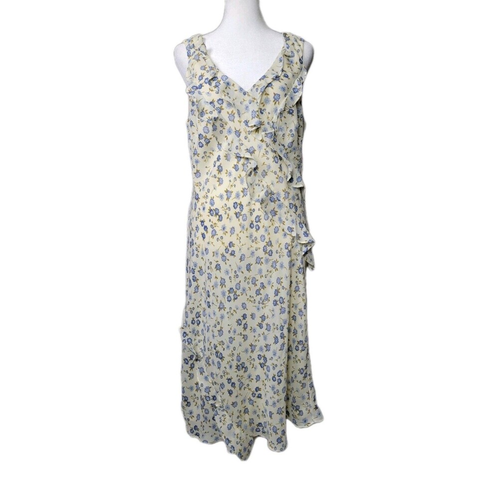 VTG Womens Romantic Cottagecore Ruffled Floral Chiffon Midi Dress Fits Medium